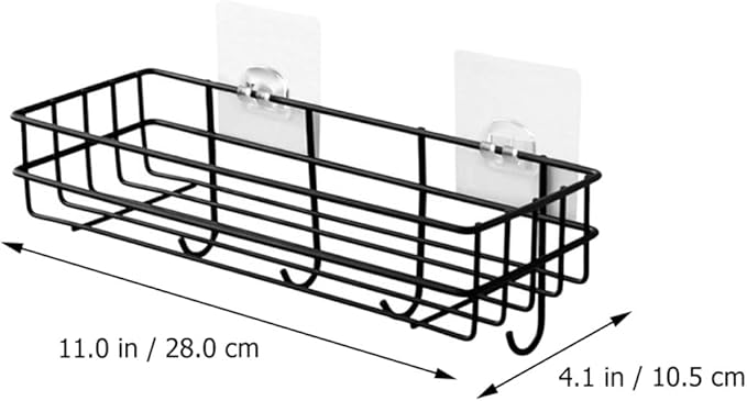 Veemoon Wall-Mounted Punch-Free Storage Rack with Hooks 2pcs, Iron Material, Nail-Free Organizer Shelf for Bathroom Kitchen, Black Bathroom Hanging Storage Solution