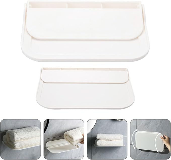 2pcs Foldable Wall-Mounted Bathroom Shelves with Soap Holder, Small and Large Floating Storage Racks for Towels and Toiletries Organization