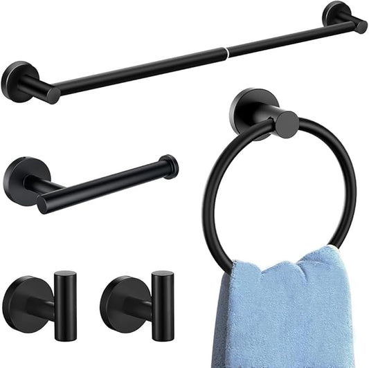MGahyi 5 Pieces Bathroom Accessories Set, Stainless Bathroom Hardware Set, Extendable Towel Racks for Bathroom(12.8-24.8inch), Robe Towel Hooks Toilet Paper Holder Towel Ring (Black)