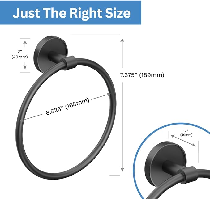 Gatco 5552MX Sky Towel Ring | Modern Hand Towel Holder for Bathroom | Stylish Decorative Hardware, Heavy Duty Metal, EZ Ancor Mounting | Matte Black