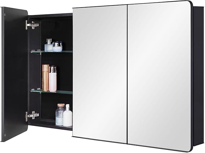 IDYLLOR Bathroom Mirror Medicine Cabinet with Round Corner Framed Door 48 x 30 inch, Black，Recessed or Surface Mount, with Adjustable Glass Shelves