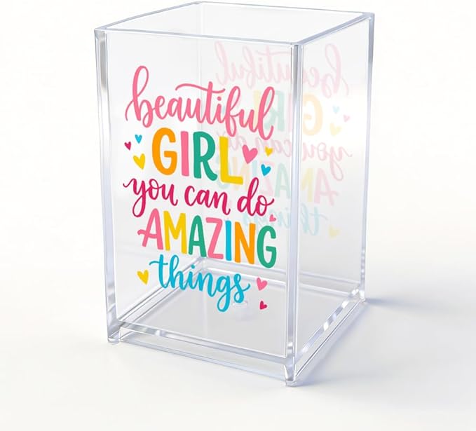 Beautiful Girl You Can Do Amazing Things Acrylic Cosmetic Pencil Pen Holder, Vanity Accessories Makeup Organizer for Daughter Sister, Encouragement Gifts for Makeup Lover, Make Up Brush Holder