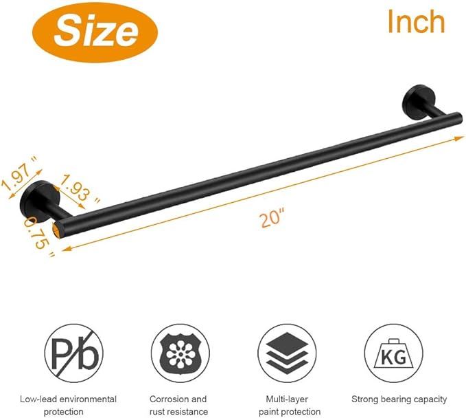 TocTen Bath Towel Bar - Thicken SUS304 Stainless Steel Bathroom Towel Holder, Towel Rod for Bathroom Heavy Duty Wall Mounted Towel Rack Hanger (20 in, Black)