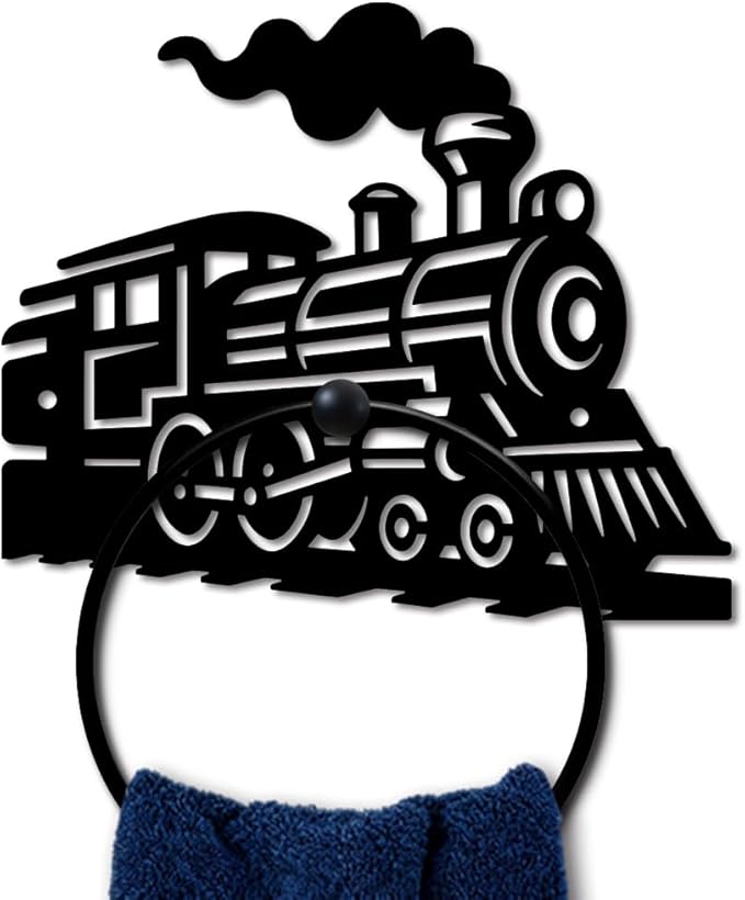 MAYJOYDIY Train Metal Towel Ring Round Vintage Train Hand Towel Holder Ring Hanger Black Vintage Towels Wall Organizer for Kitchen Bath Home Laundry Room Decors Gifts