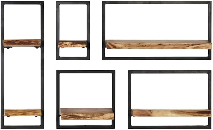 5-Piece Wall Shelf Set, Solid Acacia Wood Floating Shelves with Industrial Metal Brackets, Rustic Wall Mounted Storage Shelves for Living Room, Kitchen, and Office, Brown
