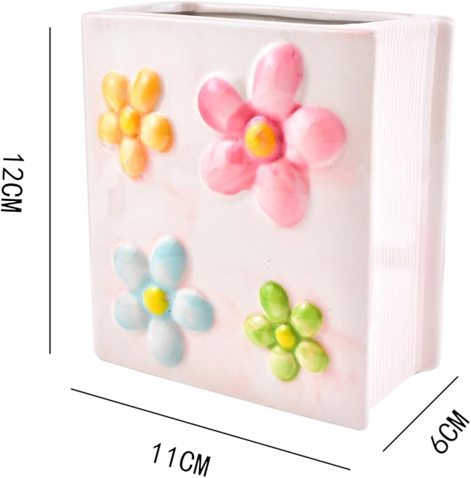 Ceramic Book Shaped Flower Pattern Cosmetic Storage Box, Desktop Organizers Make Up Brush Storage Stand Desktop Storage Box for Brush, Painting Brush (Pink)