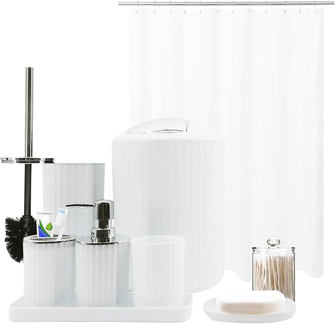 White Bathroom Accessories Set with Shower Curtain, Trash Can, Lotion Soap Dispenser, Soap Dish, Toothbrush Holder, Toothbrush Cup, Toilet Brush Holder and Tray for Bathroom Decor