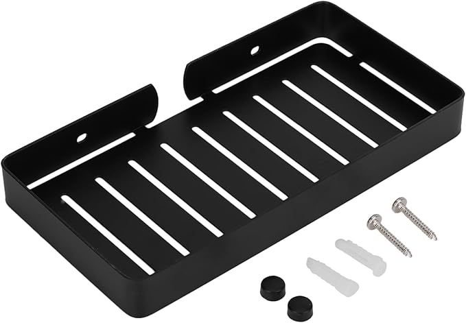 FTVOGUE Bathroom Shelf Storage, Stainless Steel Wall Mount Rack, Drain Rack for Kitchen and Bathroom Organizing Shampoo and Dispenser, Black Finish, 23x12cm (Black)