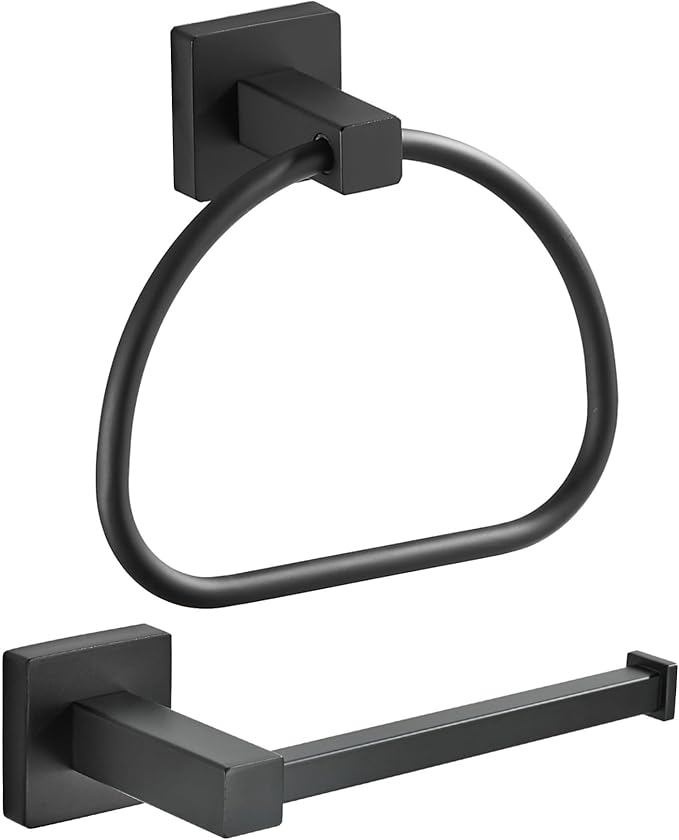 Leyden Black Toilet Paper Holder Towel Ring, Matte Bathroom Hand Towel Holder Toilet Roll Holder, Modern Bath Hardware Set Wall Mounted Stainless Steel 2 Pieces