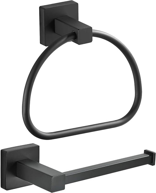 Leyden Black Toilet Paper Holder Towel Ring, Matte Bathroom Hand Towel Holder Toilet Roll Holder, Modern Bath Hardware Set Wall Mounted Stainless Steel 2 Pieces