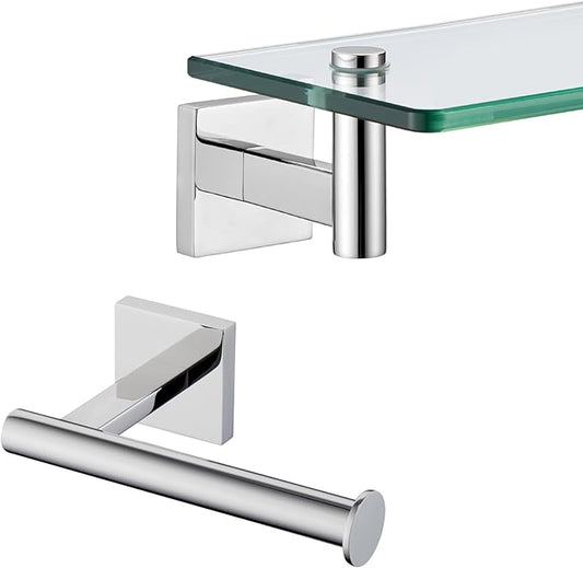 KOKOSIRI 12-Inch Bathroom Shelves Glass Floating Shelf Toilet Roll Holder Toilet Paper Holder Stainless Steel Polished Chrome B1105CH-L12+B2008CH