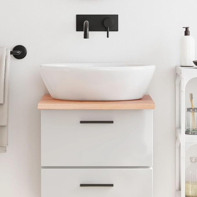 Solid Oak Wood Bathroom Vanity Top with Live Edge and Varnished Surface, Light Brown Treated Countertop for Shelf Cabinet Desk Table, 15.7"x23.6"x0.8" Handmade Solid Wood