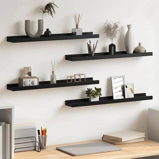 Wall Shelves Set of 4, Black Floating 23.6 Inch for Living Room Bedroom, Modern MDF Storage Shelves for Decor Books Plants, Easy Mount & Clean, Durable & Sturdy, 11lb Load Capacity Each