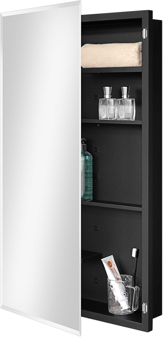Fundin Black Medicine Cabinet Recessed or Surface Mount, Bathroom Medicine Cabinet with 20 x 36 Mirror Size and Adjustable Staggered Shelves