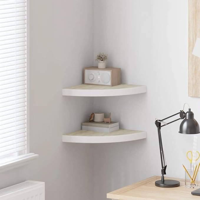 Wall Corner Shelves Set of 2, Floating Triangular Oak and White Shelving Unit for Bedroom, Living Room, and Office, Decorative MDF Storage Display Rack