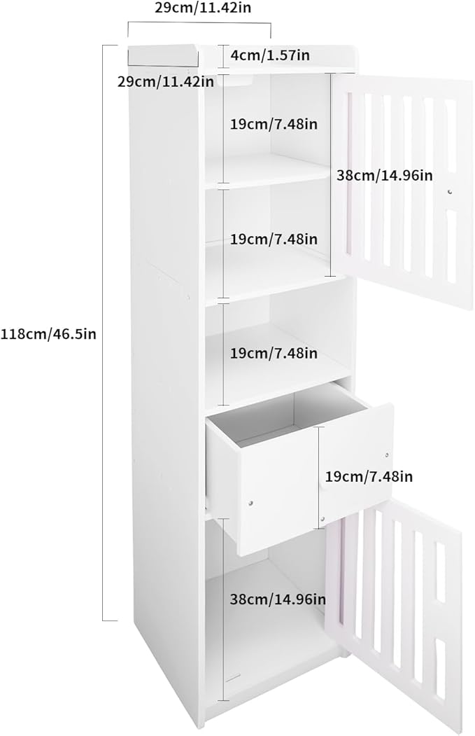 Tall Bathroom Storage Cabinet,11.4x 11.4 x 46.5 Inches Multipurpose Small Storage Cabinet with 2 Doors 5-Tier Side Storage Organizer Cabinet Unit for Bathroom Living Room Hallway Kitchen, White