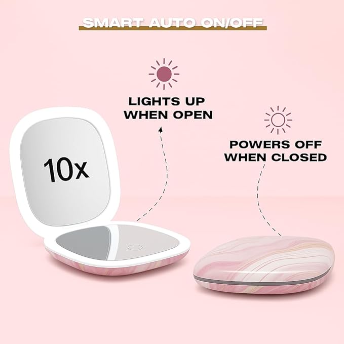 Lighted Makeup Compact Mirror, 3.9 Inch – 1x/10x Magnification Portable, LED – Auto Light On/Off - USB Charging, (Blush Marble)