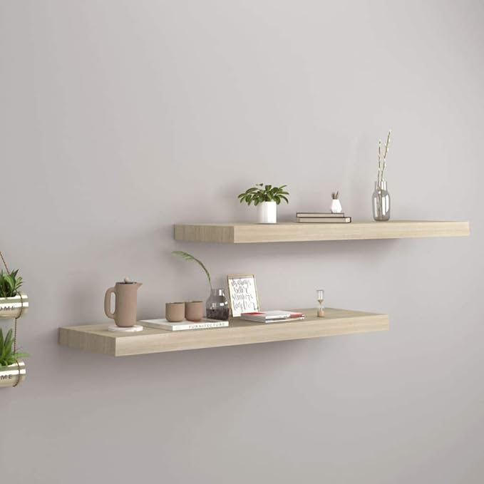 Floating Wall Shelves 2 Pack Oak Wood Look Display Shelves 31.5x9.3 Inches with Invisible Mounting for Living Room Bedroom Home Decor Storage Organizer