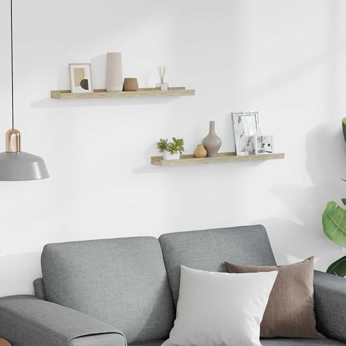 Set of 2 Floating Wall Shelves, 23.6 Inch Sonoma Oak MDF Modern Wall-Mounted Shelving Unit for Bedroom, Living Room, and Office Decor, Rectangular Storage Display