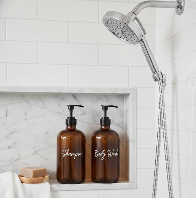 32 Ounce Glass Pump Dispenser Bottle, Large Amber Container with Pump for Shower and Bath Shampoo Soap Conditioner Lotion - 1 Liter - by Kitchentoolz