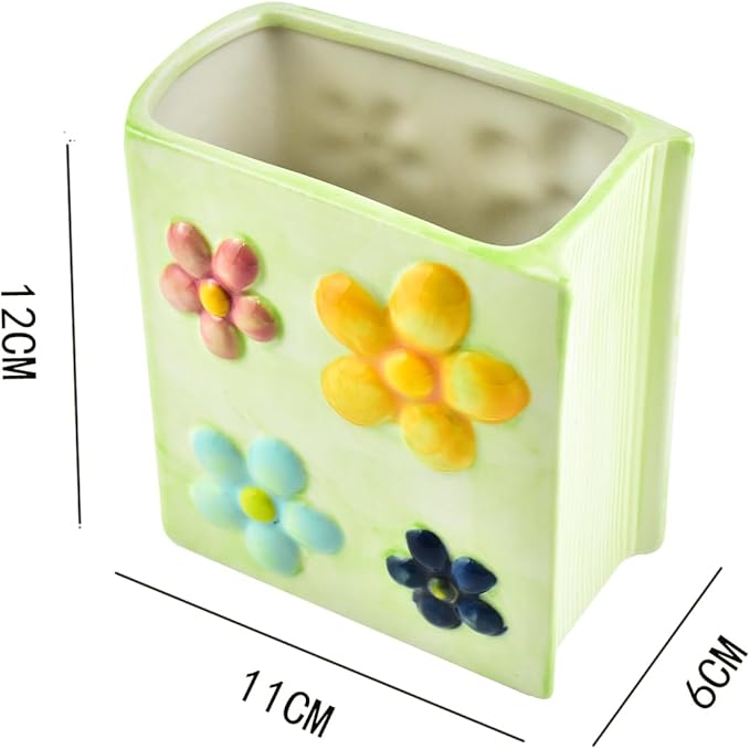 Ceramic Book Shaped Flower Pattern Cosmetic Storage Box, Desktop Organizers Make Up Brush Storage Stand Desktop Storage Box for Brush, Painting Brush (Green)