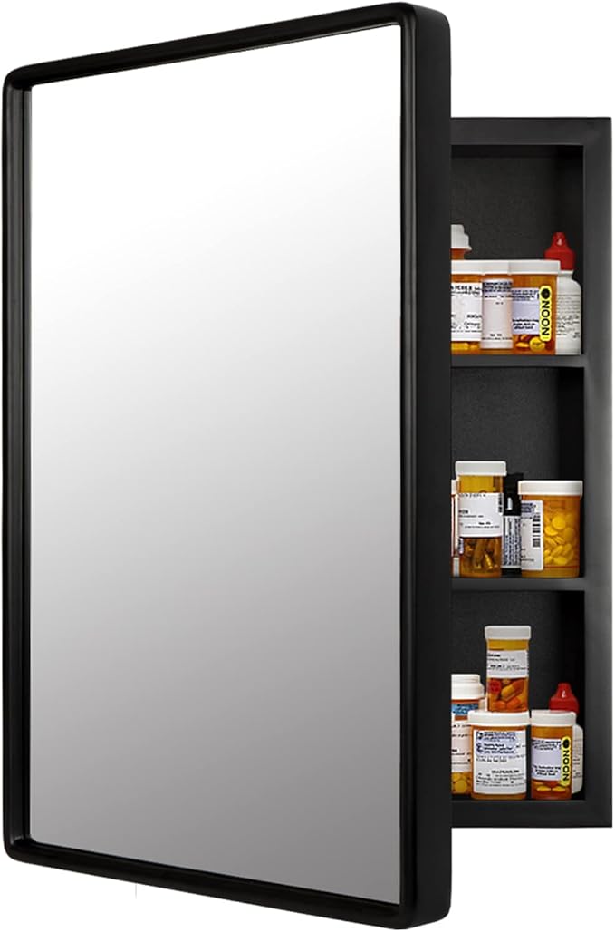 H & A Bathroom Medicine Cabinet with Mirror - Rustic Farmhouse Wall Mounted Storage Cabinet, Recessed or Surface Mount, Soft-Closing Door, Modern Farmhouse Bathroom Decor (Black, 16x24 Inch)