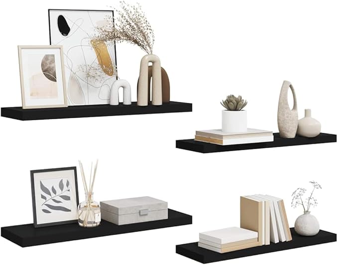 Floating Wall Shelves Set of 4, Modern Black Display Shelves 31.5x9.3 Inches, Invisible Mounting for Living Room Bedroom, Durable MDF and Metal Frame for Books Decor Plants Photos