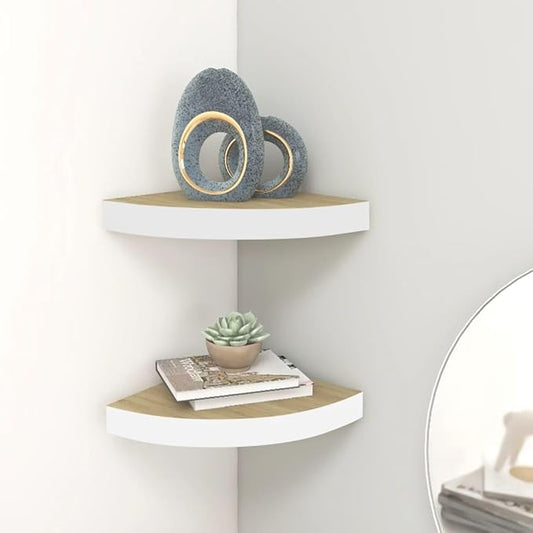 Floating Corner Shelves for Wall 2-Pack Oak and White 9.8"x9.8"x1.4" MDF with Invisible Mount - Space-Saving Wall Shelves for Bathroom, Bedroom, Living Room Storage and Decor