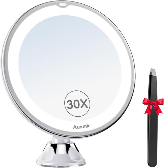 Auxmir 2026 Upgraded 30X Magnifying Mirror with Light, Makeup Mirror with 2-Level Lights, Portable Magnifying Mirror Suction Cup and Tweezers, 360° Swivel, Vanity Bathroom Mirror for Home Travel