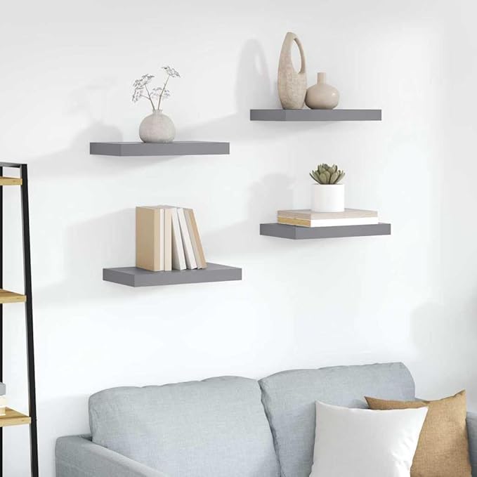 Set of 4 Floating Wall Shelves, Modern Gray Honeycomb MDF Display Shelves for Living Room, Bedroom, and Home Decor, 15.7-inch Wall-Mounted Storage Organizers