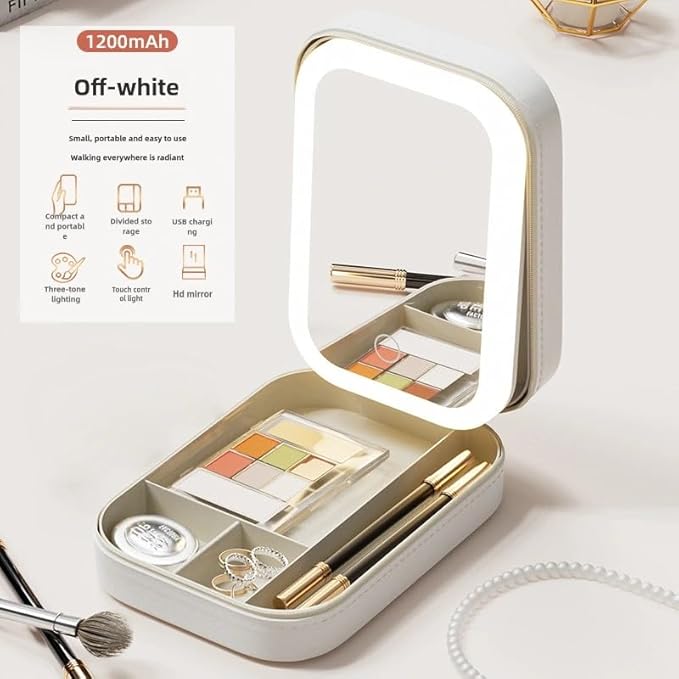 Cosmetic storage box with light mirror integrated dresser desktop skincare organizer Dustproof portable box (Cream white storage box)