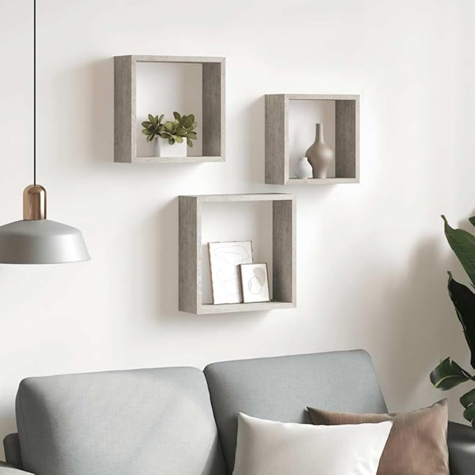Set of 3 Wall Cube Shelves, Decorative Floating Display Shelf for Living Room, Bedroom or Office, Modern Concrete Gray MDF Storage Organizer