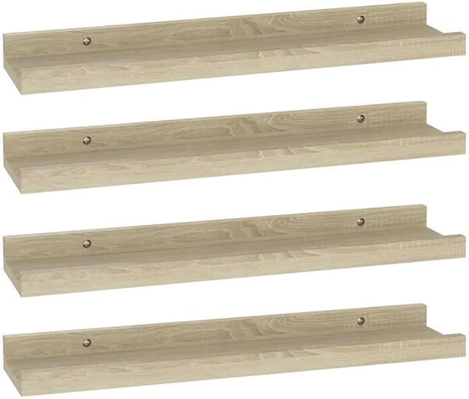 Set of 4 Floating Wall Shelves, 15.7 inch Sonoma Oak MDF Display Shelves for Living Room Bedroom, Modern Minimalist Storage Ledge for Books Plants Decorations