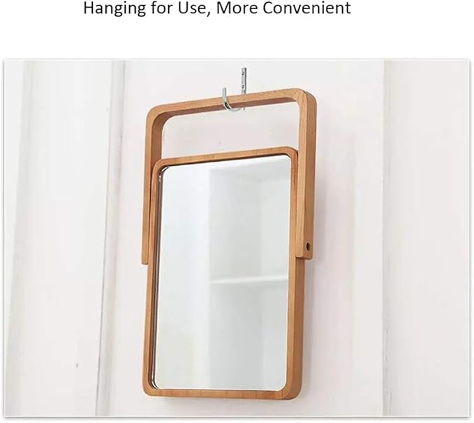 Honeystore Solid Wood Makeup Mirror, 360° Rotating Desktop Vanity Mirror, 9" x 7.1" HD Silver Mirror, Natural Wood Frame, Portable Tabletop & Wall Hanging Cosmetic Mirror (Natural)