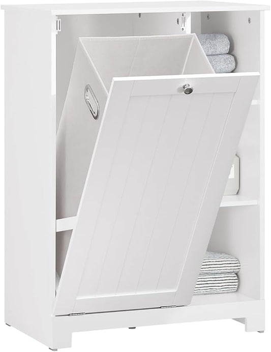 SoBuy Tilt Out Laundry Cabinet, Floor Standing Storage Cupboard with Basket Hamper Unit with Open Compartments, Bathroom White BZR105-W
