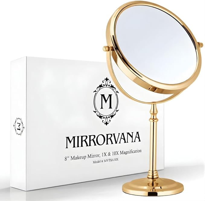 MIRRORVANA Large Double Sided 10X and 1X Magnifying Makeup Mirror with Stand in Gift Box, 15” Tall and 8” Wide (Gold)