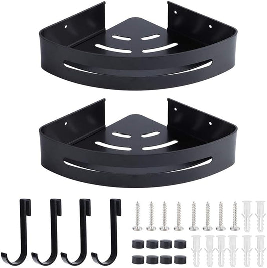 Wall Hanging Space Aluminum Double Layer Storage Rack, Corner Shelf with Hooks, Modern Bathroom Shelf for Towels Keys, Black Spray Paint Finish, and