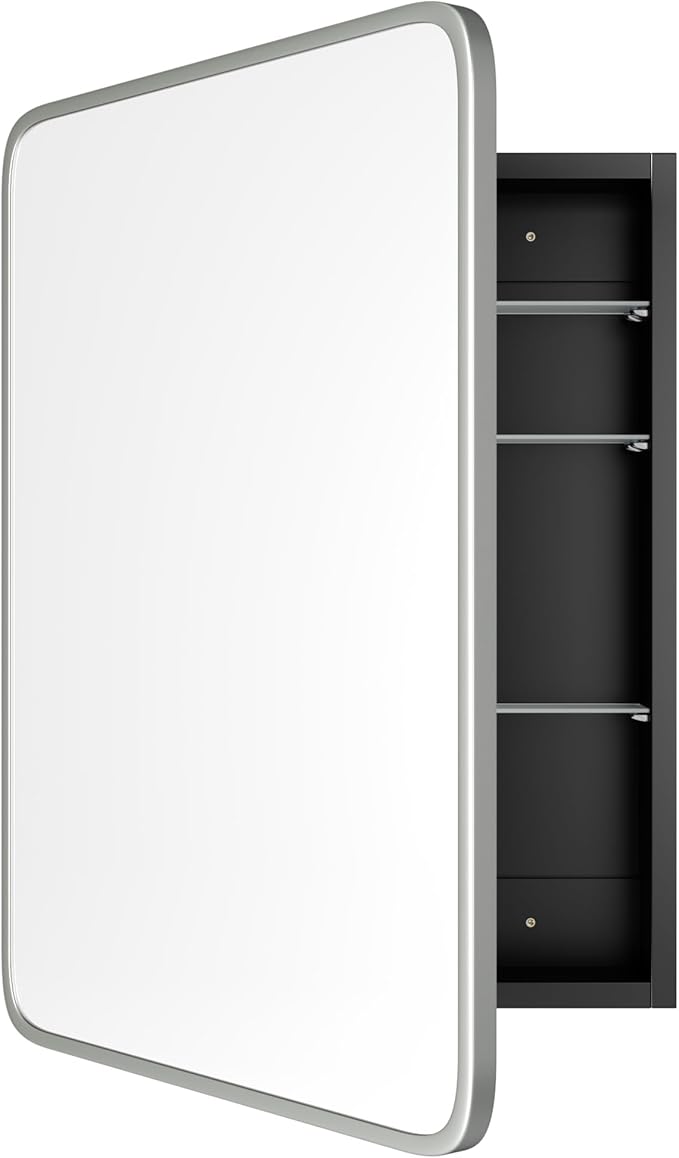 AGDULL Bathroom Wood Black Cabinet with 20''x30'' Brushed Nickel Metal Frame Curved Mirror, Recessed Medicine Cabinet, Bathroom Storage Cabinet