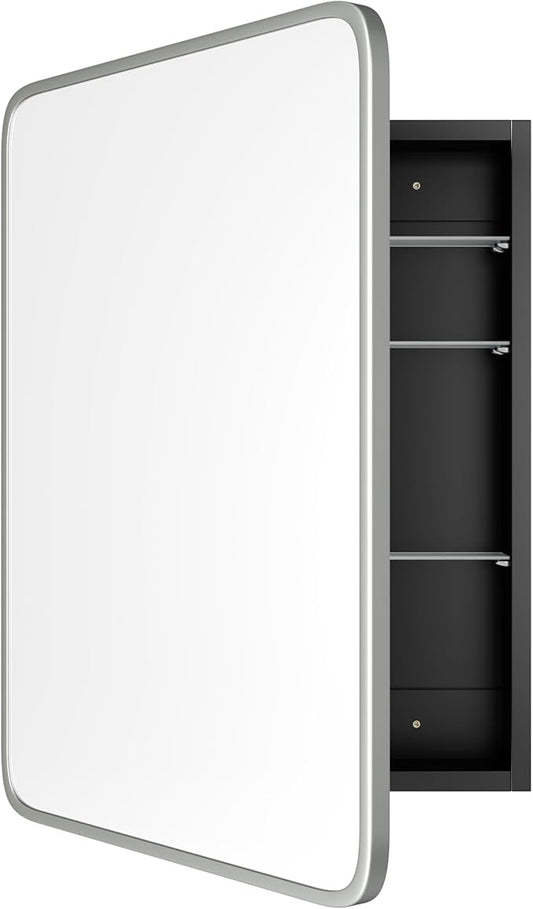 AGDULL Bathroom Wood Black Cabinet with 20''x30'' Brushed Nickel Metal Frame Curved Mirror, Recessed Medicine Cabinet, Bathroom Storage Cabinet