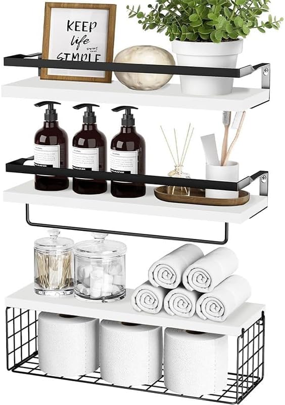Generic Wooden Floating Shelves for Bathroom Organizer Over Toilet Wall Shelf Bathroom Organizer with Metal Frame Bathroom Shelf with Basket Storage Rack (White)