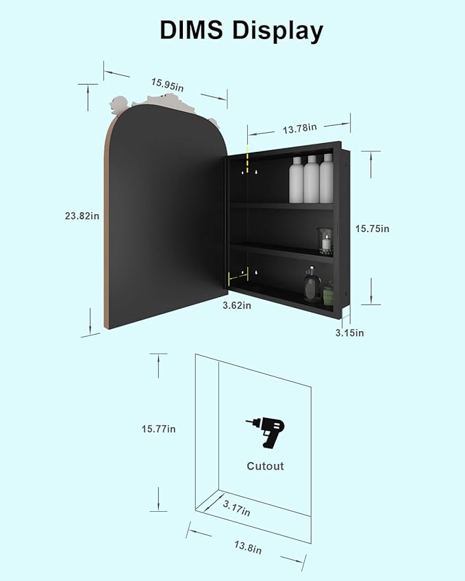 16x24 Inch Recessed or Surface Mount Medicine Cabinet Mirror with Vintage Bronze Carving & Hand-Painted Aluminum Frame, All-Metal Construction, 2 Shelves, Arched Mirror for Bathroom, Entryway, Hallway