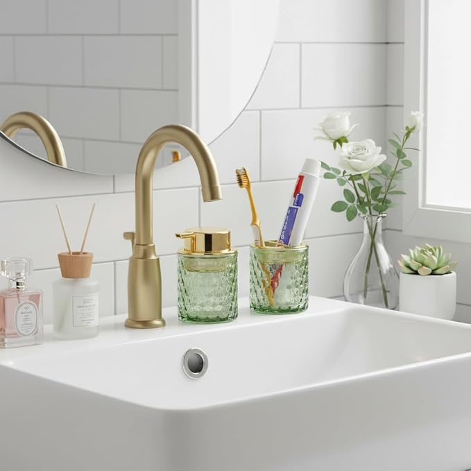 Bathroom Accessories Set 2pcs Glass Foaming Soap Dispenser and Toothbrush Holder for Bathroom Countertop, Green Glass Bathroom Assessory Set with Gold Decor