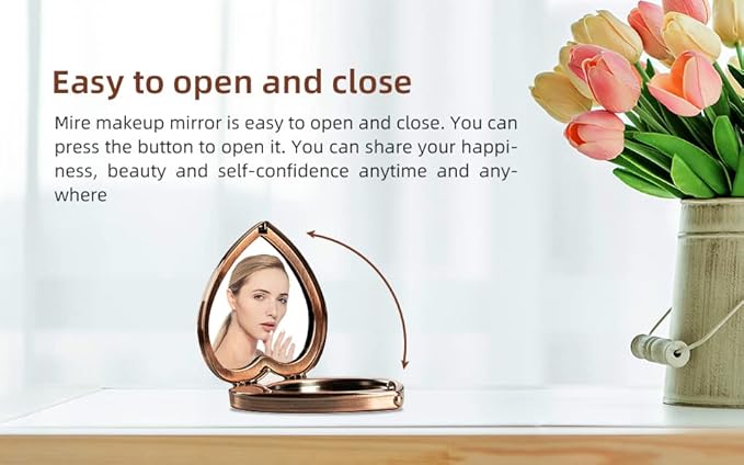 Mini Vintage Heart Elegant Makeup Mirror, Portable 1X/2X Magnifier (Retro Red)