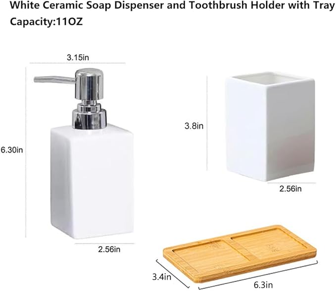 White Bathroom Accessories Set,Ceramic Soap Dispenser and Toothbrush Holder with Tray,Modern Decor Square Countertop Bath Set with Toothbrush Cup