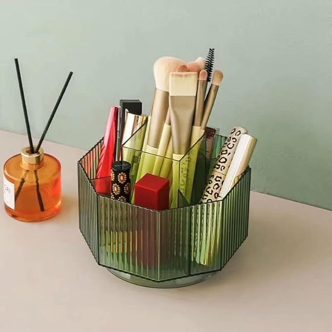 Makeup Brush Holder, 360?? Rotating Makeup Brush Organizer, Cosmetic Brushes Storage with 5 Slots for Vanity, Multi-Functional Pen Holder, Colored Pencil, Art Brushes Organizer for Desk (Green)