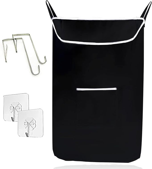 The Fine Living Co. Large Hanging Laundry Hamper with Over Door Hooks & Adhesive, Durable Space Saving Laundry Bag with Zipper and Wide Open Top, Hanging Dorm Laundry Hamper 18"x4.75"x28" (Black-L)
