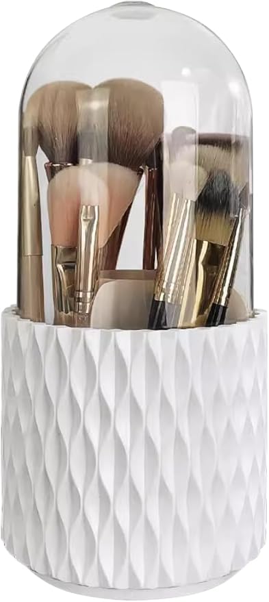 Makeup Brush Holder 360 Rotating Make up Organiser with Dustproof Lid???Acrylic Make up Brush Holder for Lipstick, Lip Gloss, Eyeliner, Bedroom, Bathroom (White)
