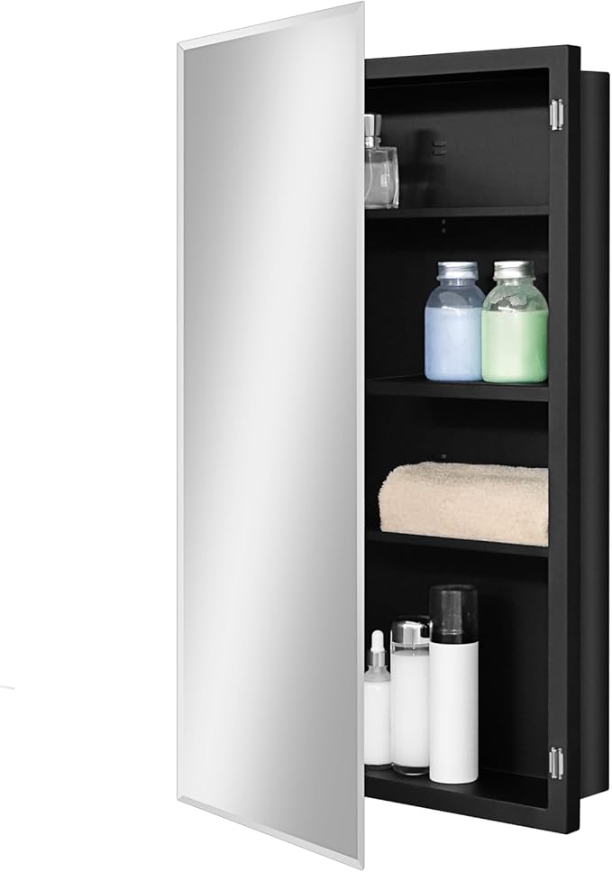 Fundin Black Medicine Cabinet Recessed or Surface Mount, Bathroom Medicine Cabinet with 18 x 30 Beveled Mirror and Adjustable Staggered Shelves, Wall Mount