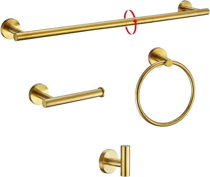 Bathroom Hardware Set Accessories Adjustable Brushed Gold Towel Bar Set 24in Stainless Steel Wall-Mounted 4-Piece Bathroom Towel Rack Toilet Paper Holder Towel Ring Towel Hooks Towel Holder Set
