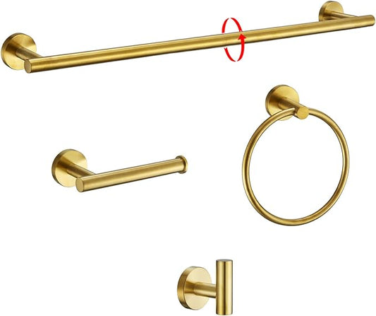 Bathroom Hardware Set Accessories Adjustable Brushed Gold Towel Bar Set 24in Stainless Steel Wall-Mounted 4-Piece Bathroom Towel Rack Toilet Paper Holder Towel Ring Towel Hooks Towel Holder Set